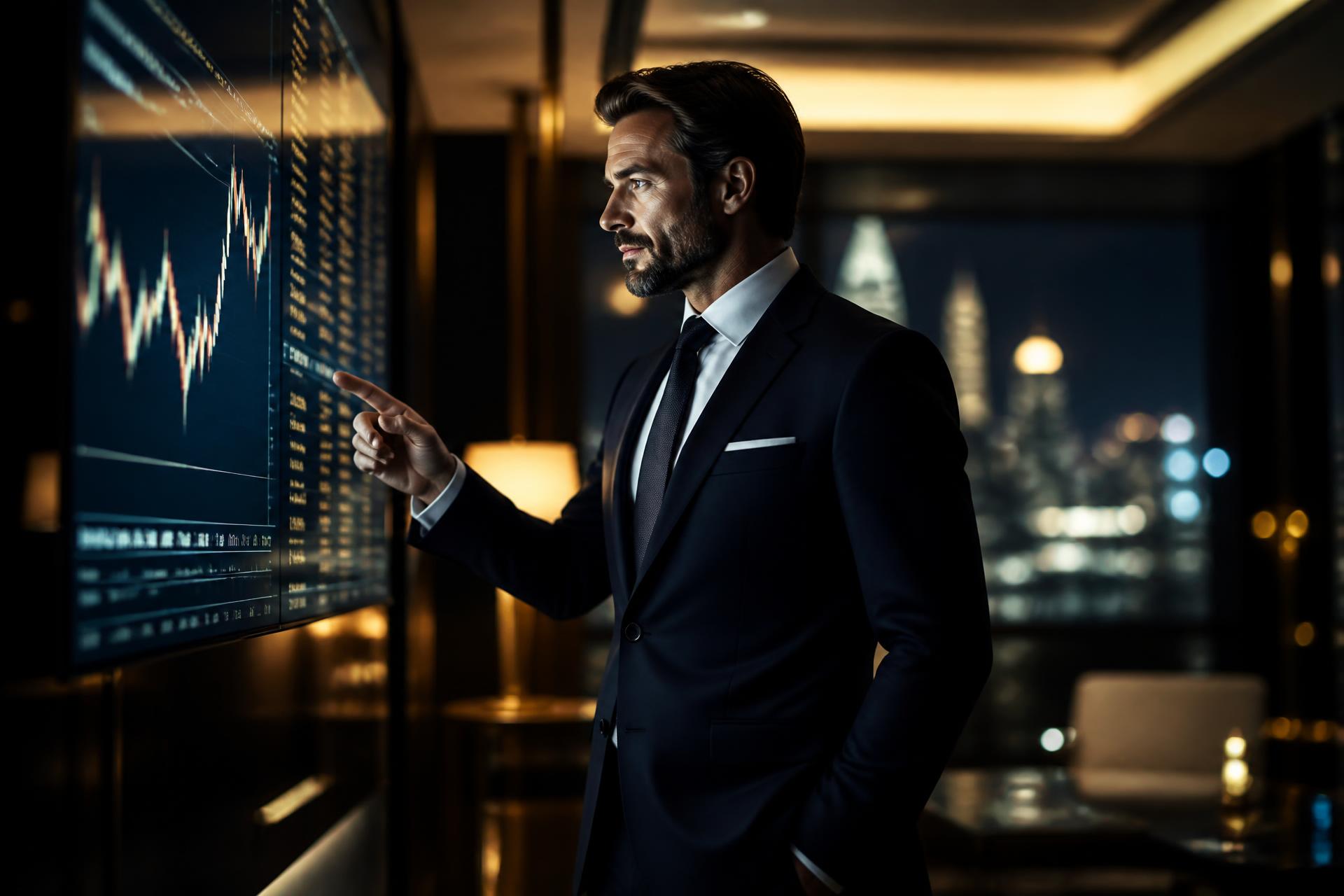 Empresária analisando indicadores financeiros em escritório premium